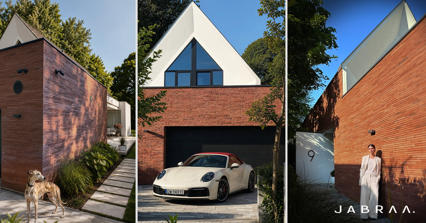 Kolaż zdjęć nowoczesnego domu premium z czerwoną elewacją z płytek Long, dwuspadowym dachem, czarną bramą garażową, Porsche na podjeździe oraz kobietą z psem. Projekt JABRAARCHITECTS.