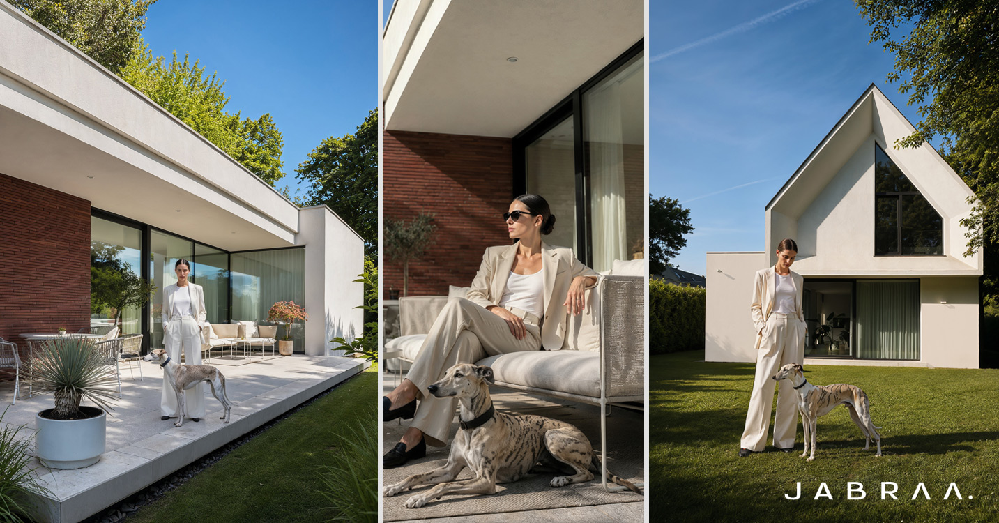 Kolaż zdjęć nowoczesnego domu premium z tarasem, ogrodem, dużymi przeszkleniami, czerwoną elewacją z płytek Long oraz kobietą z psem. Projekt JABRAARCHITECTS.