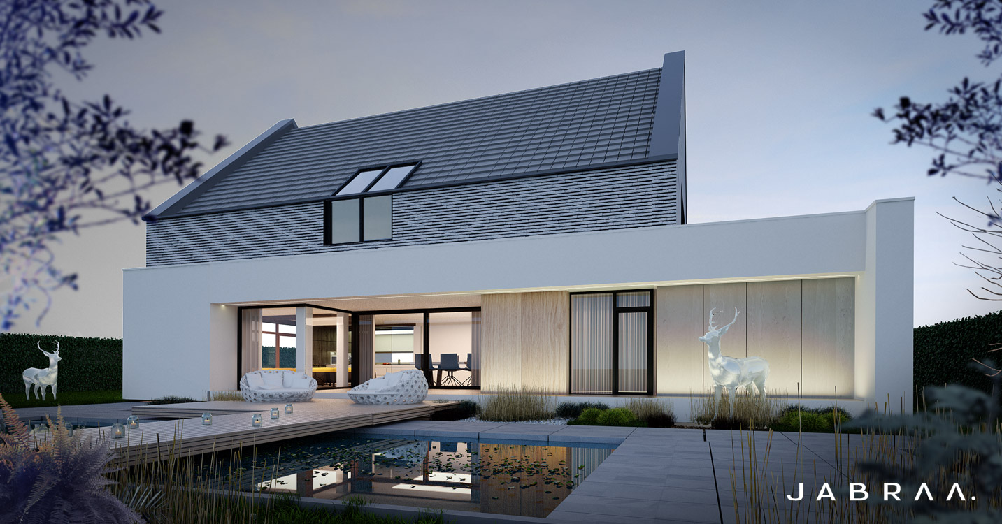 Horyzontalna bryła parteru przeszkleniami otwiera się w stronę krajobrazu.