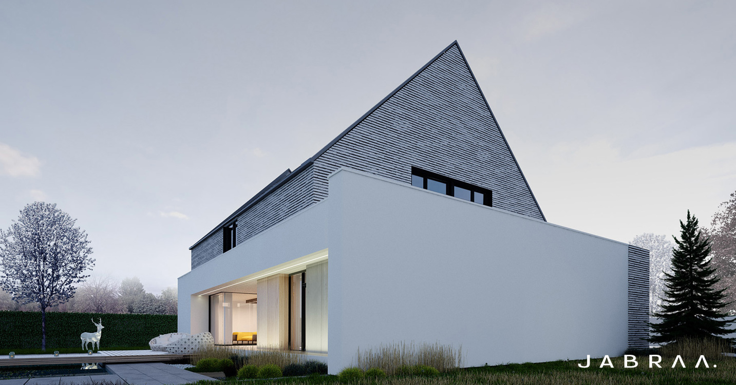 Bryła z dwuspadkowym dachem na piętrze pokryta jest nowoczesną i smukłą płytką MaxBerg Long.