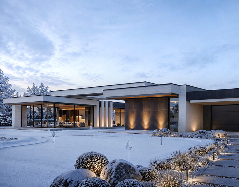 Villa Horizon zimą – parterowa rezydencja z przeszklonym salonem, podświetloną elewacją i zaśnieżonym ogrodem