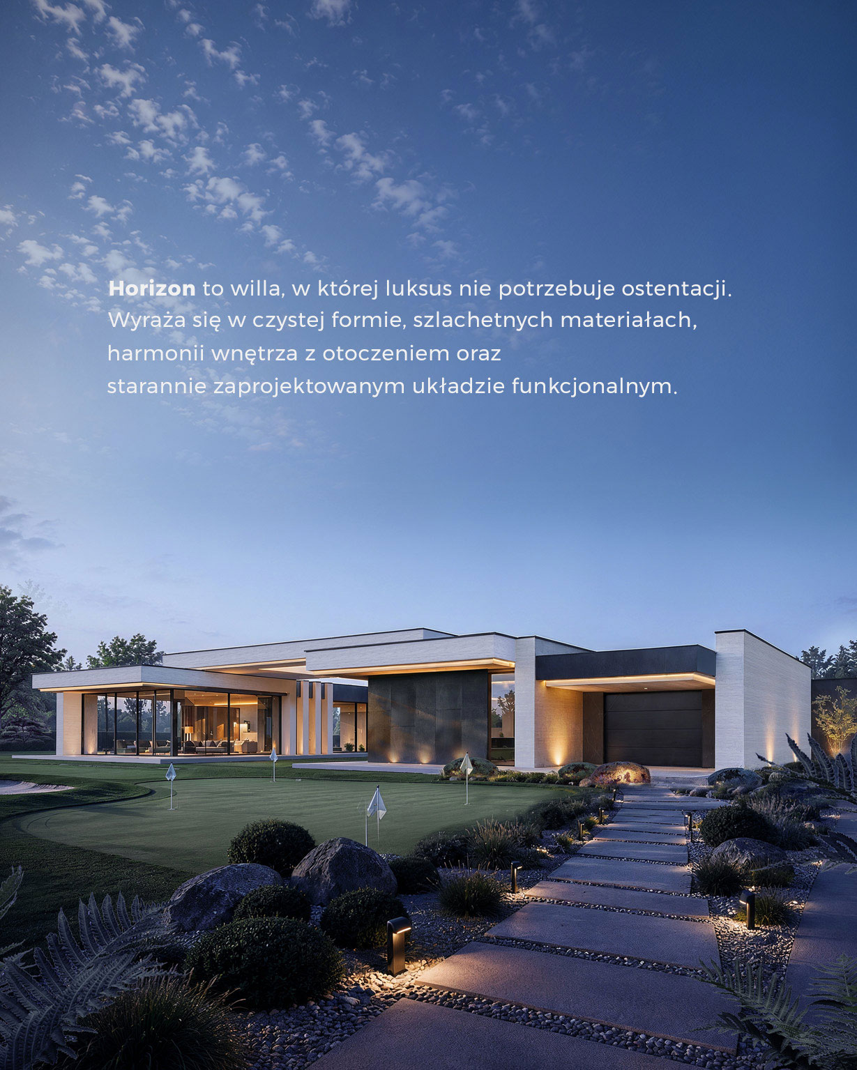 Villa Horizon o zmierzchu – podświetlona rezydencja z przeszklonym salonem, ogrodem golfowym i ścieżką wśród zieleni.