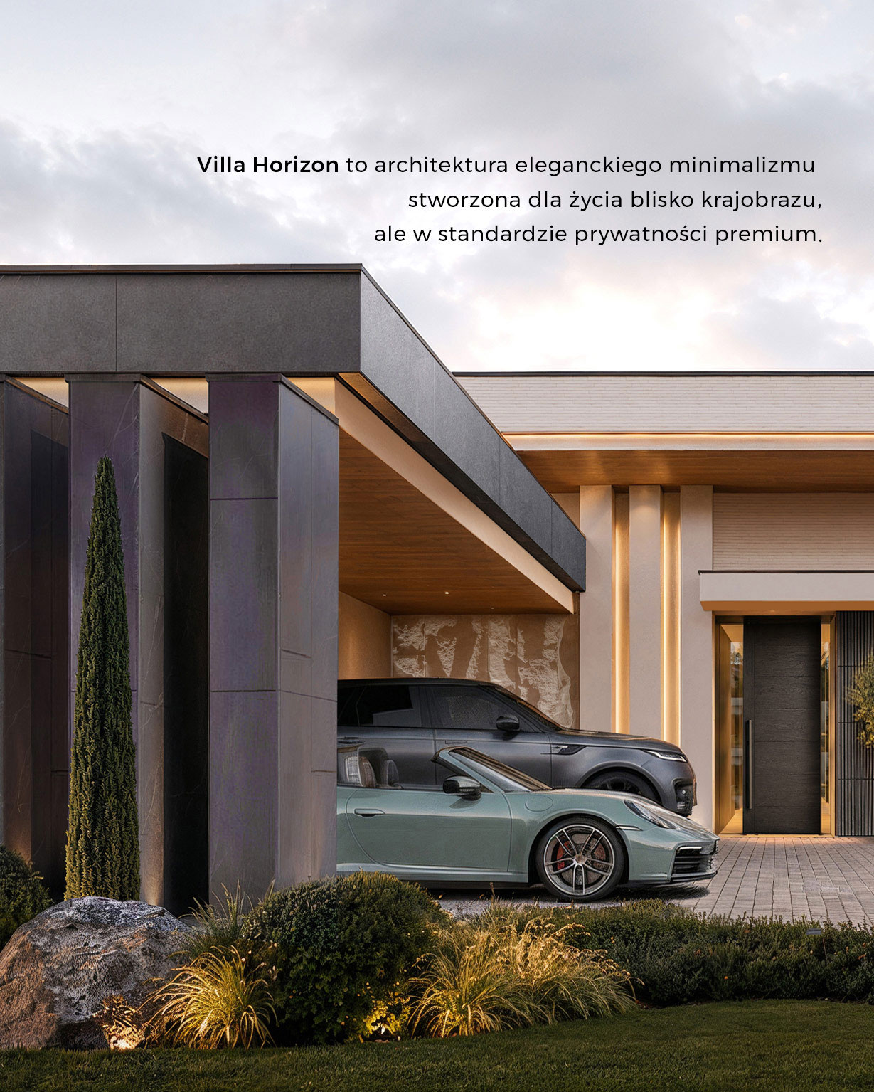 Villa Horizon – zadaszony podjazd z samochodami, ciemne pionowe osłony elewacji i podświetlone wejście do willi.