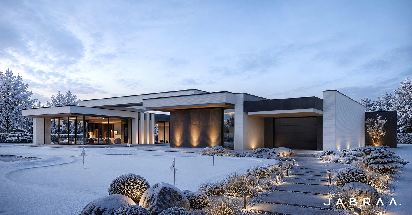 Villa Horizon zimą – przeszklony salon, podświetlona elewacja i garaż przy ścieżce przez zaśnieżony ogród.